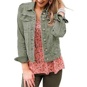 Women's Basic Long Sleeves Button Down Fitted Denim Jean Jacket Calliste Green